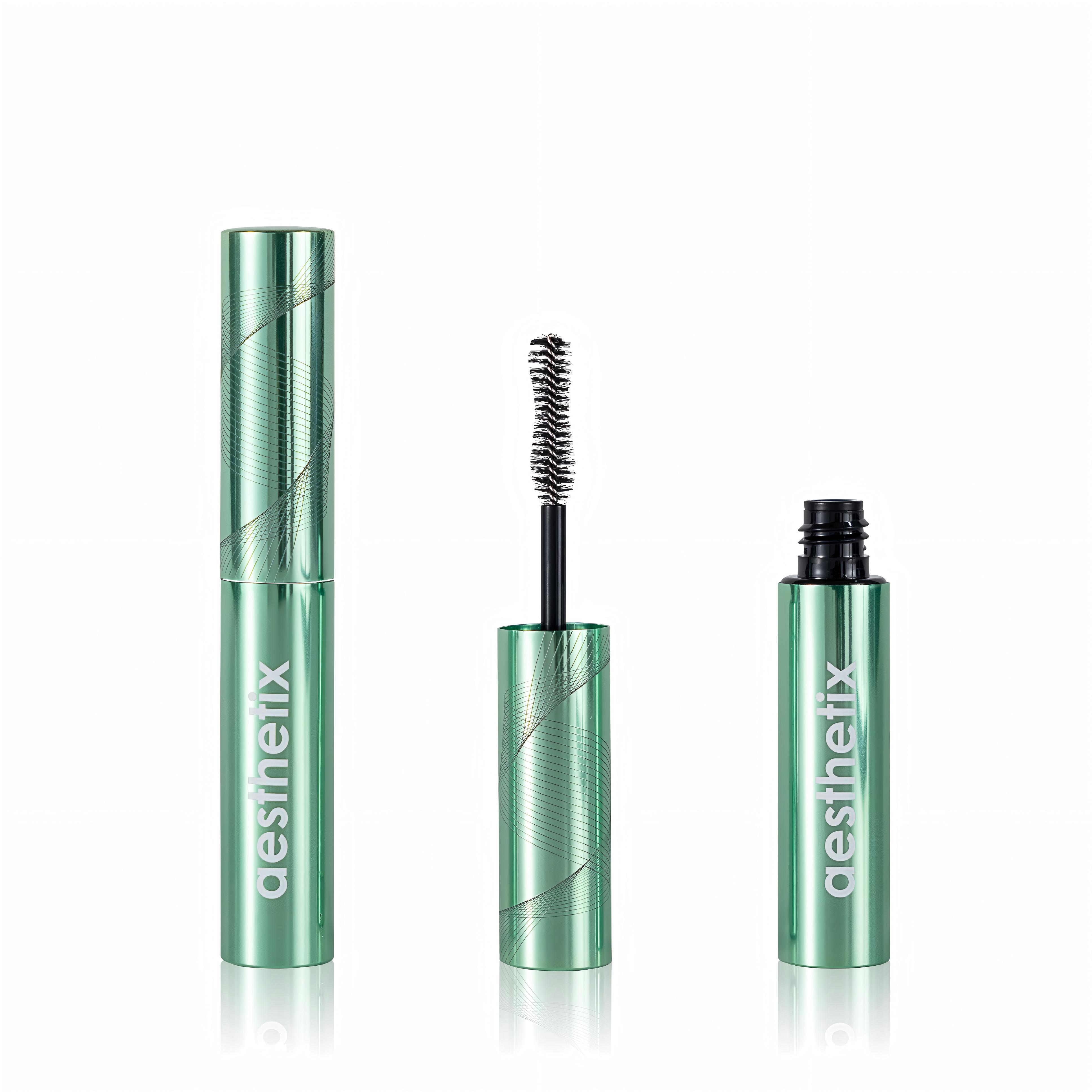 Shiny Mint‑Green Aluminum Mascara Tube with Laser‑Engraved Swirl Lines